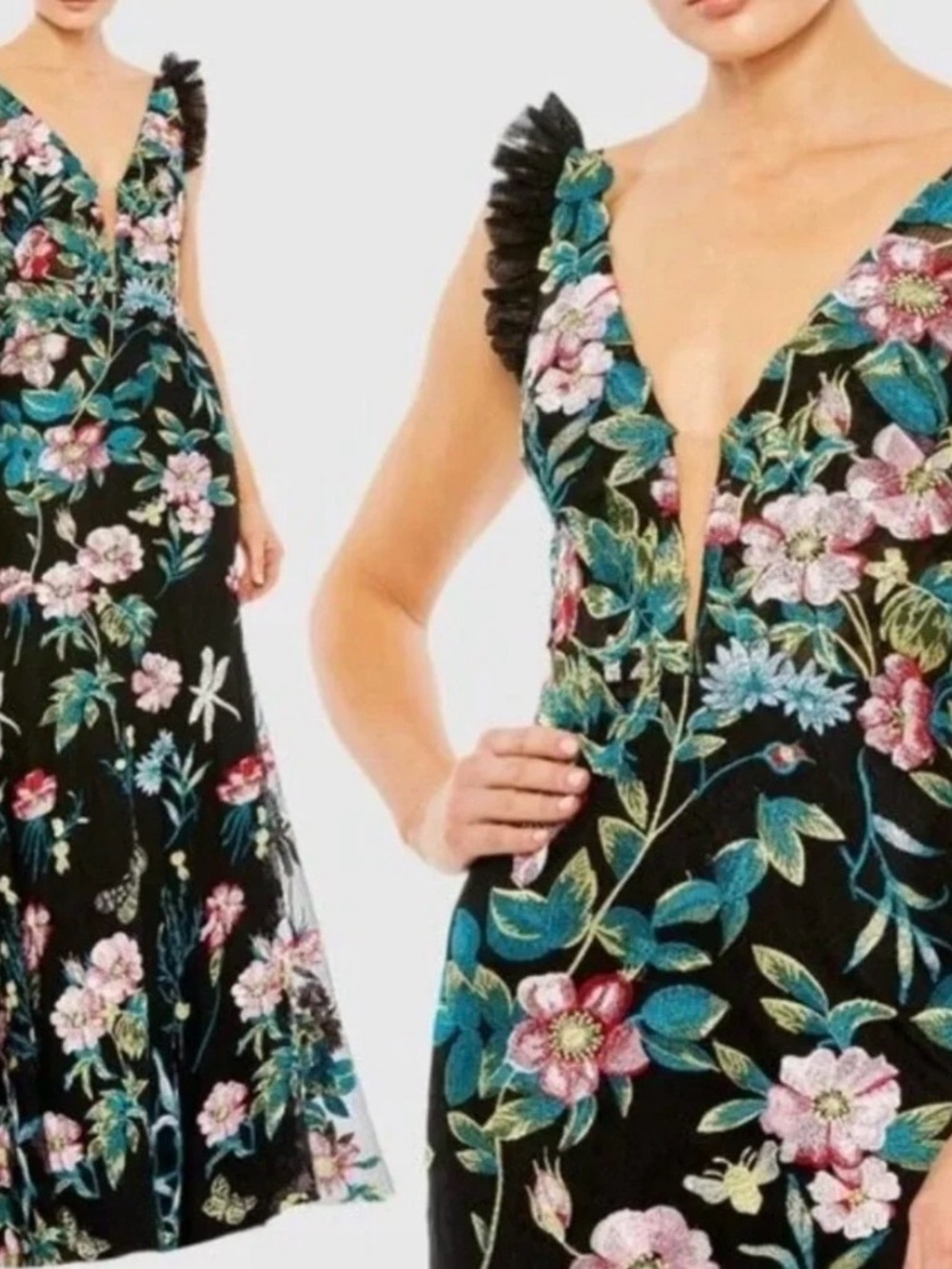 Mac Duggal Black Floral V-Neck Evening Gown with flutter sleeves size 6. NWT - Picture 4 of 15